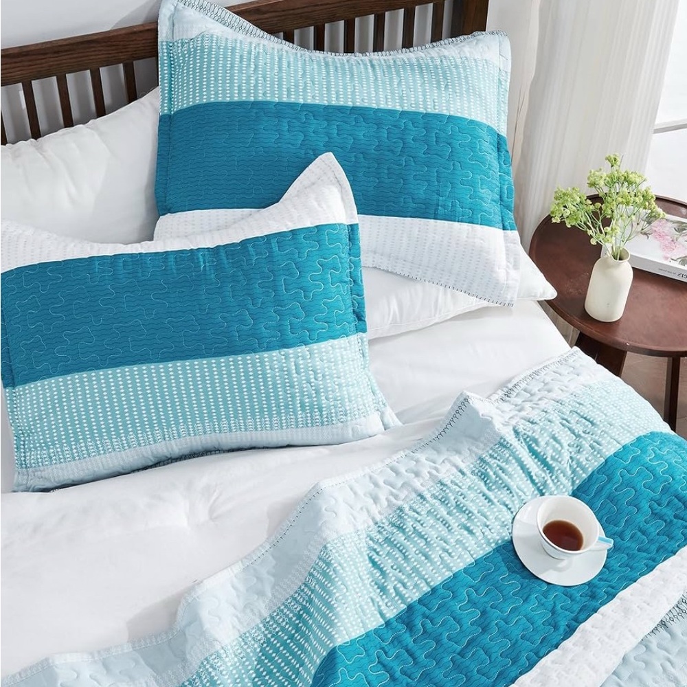 Teal and White Striped Quilt Set - Picture 2 of 5